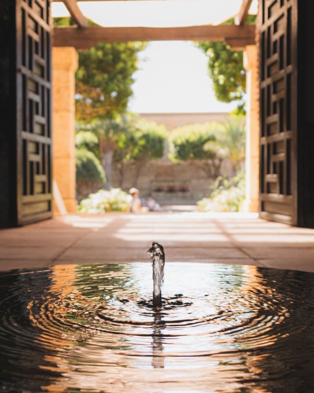 Fotografía de una fuente en primer plano con un portal abierto al exterior en el fondo por el cual entra la luz.