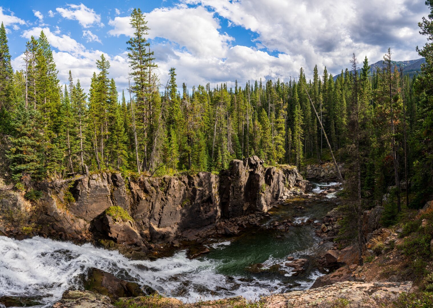 A river runs through the forest, with sharp cuts in the surrounding rock. [Sony A7R V / Tamron 25-200]