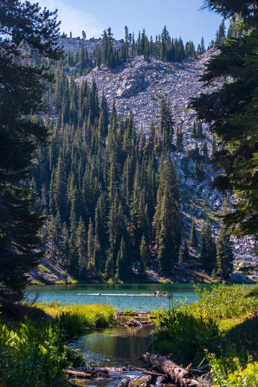 A river in the foreground, a lake in the middle, and a steep hillside filled with trees. [Fuji X-T5 / Tamron 18-300]