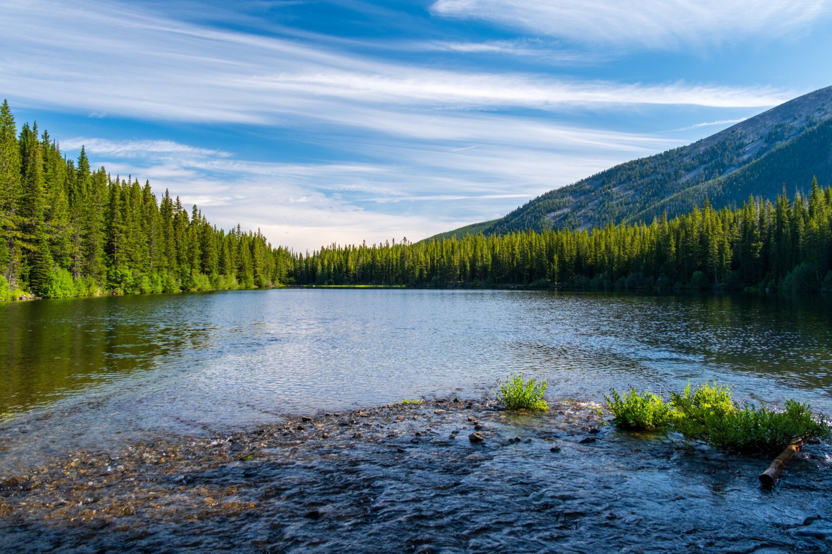 A nice lake with rocky shore in the foreground, trees to either side, and blue skies above. [Fuji X-T5 / Tamron 18-300]
