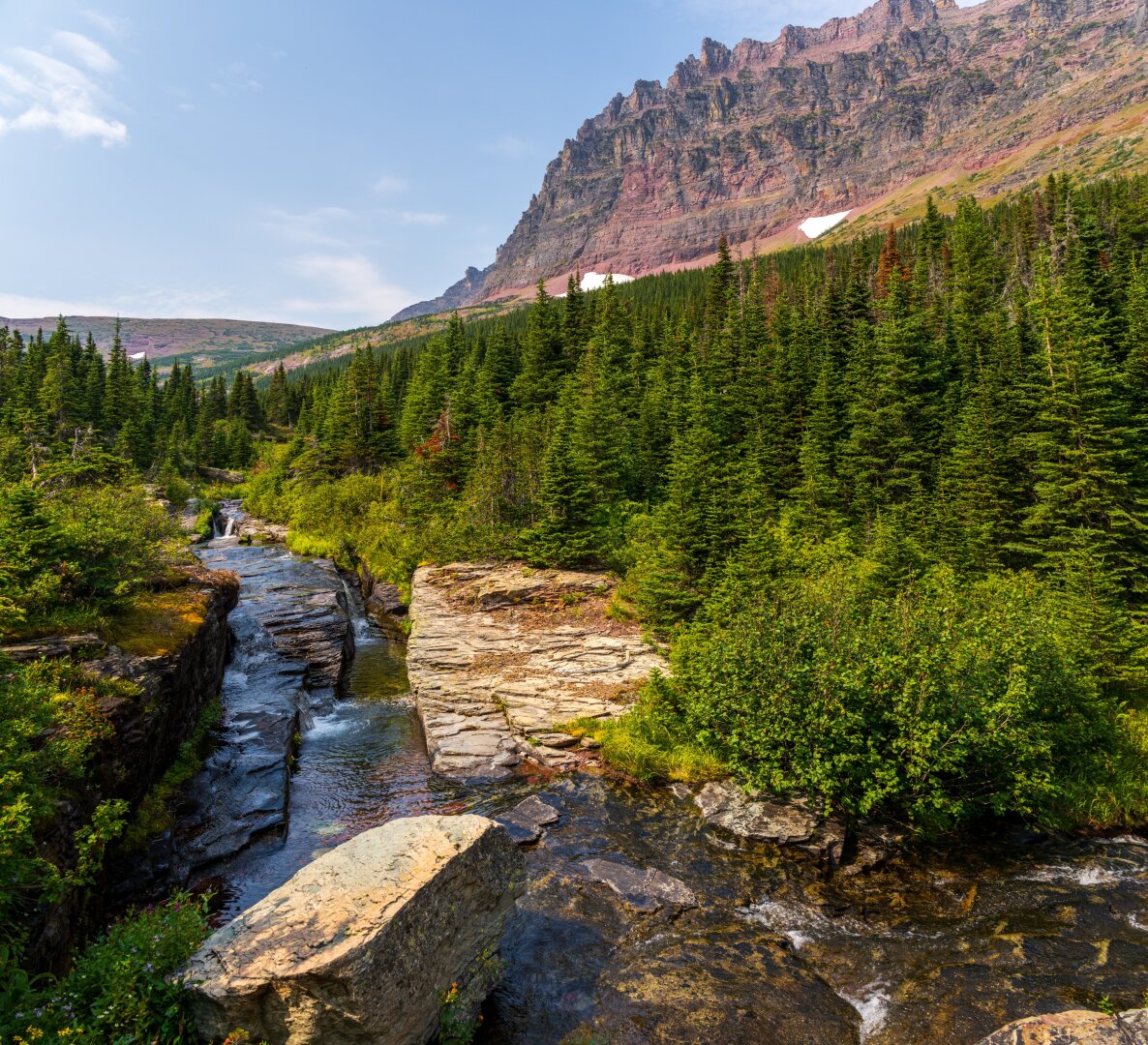 A river with large rocks through it runs past trees and a mountain. [Sony A7R V / Tamron 25-200]