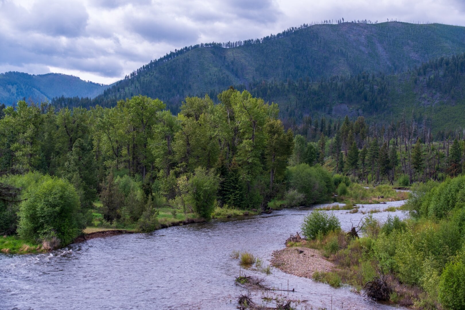 A river winds through a lush valley, beneath grey skies. [Fuji X-T5 / Tamron 18-300]