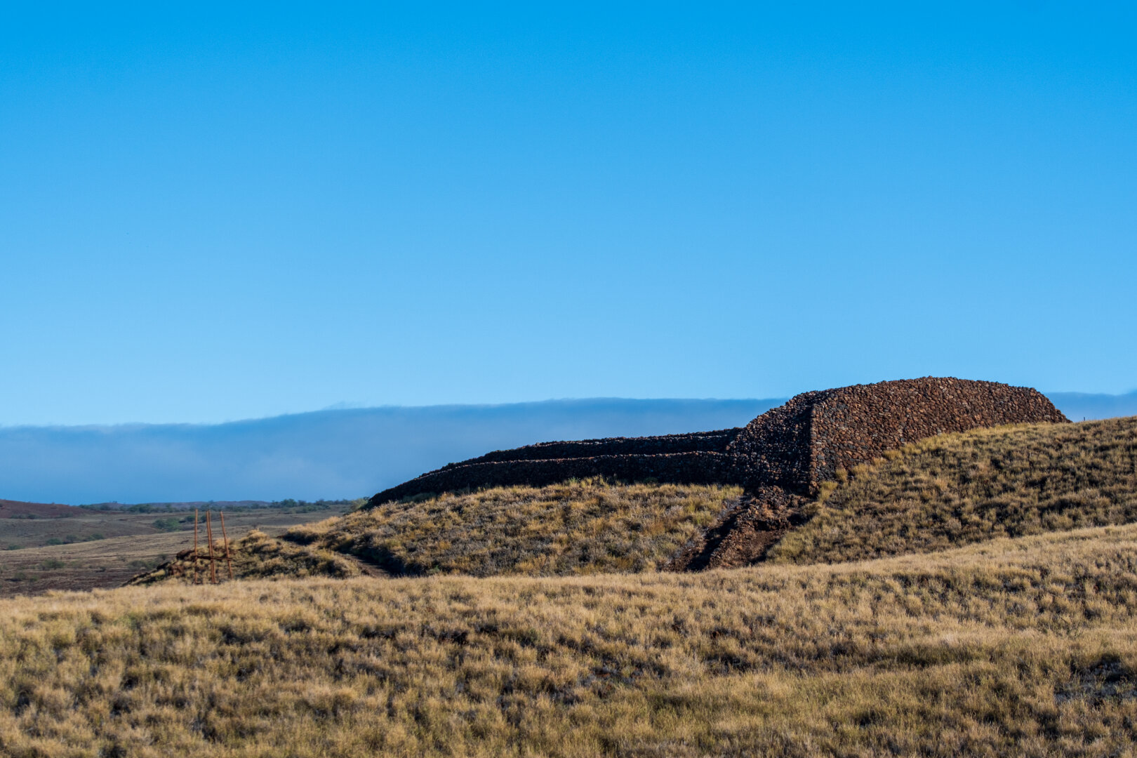 The remains of a stone structure stand on golden grass. [Fuji X-T5 / Tamron 18-300]