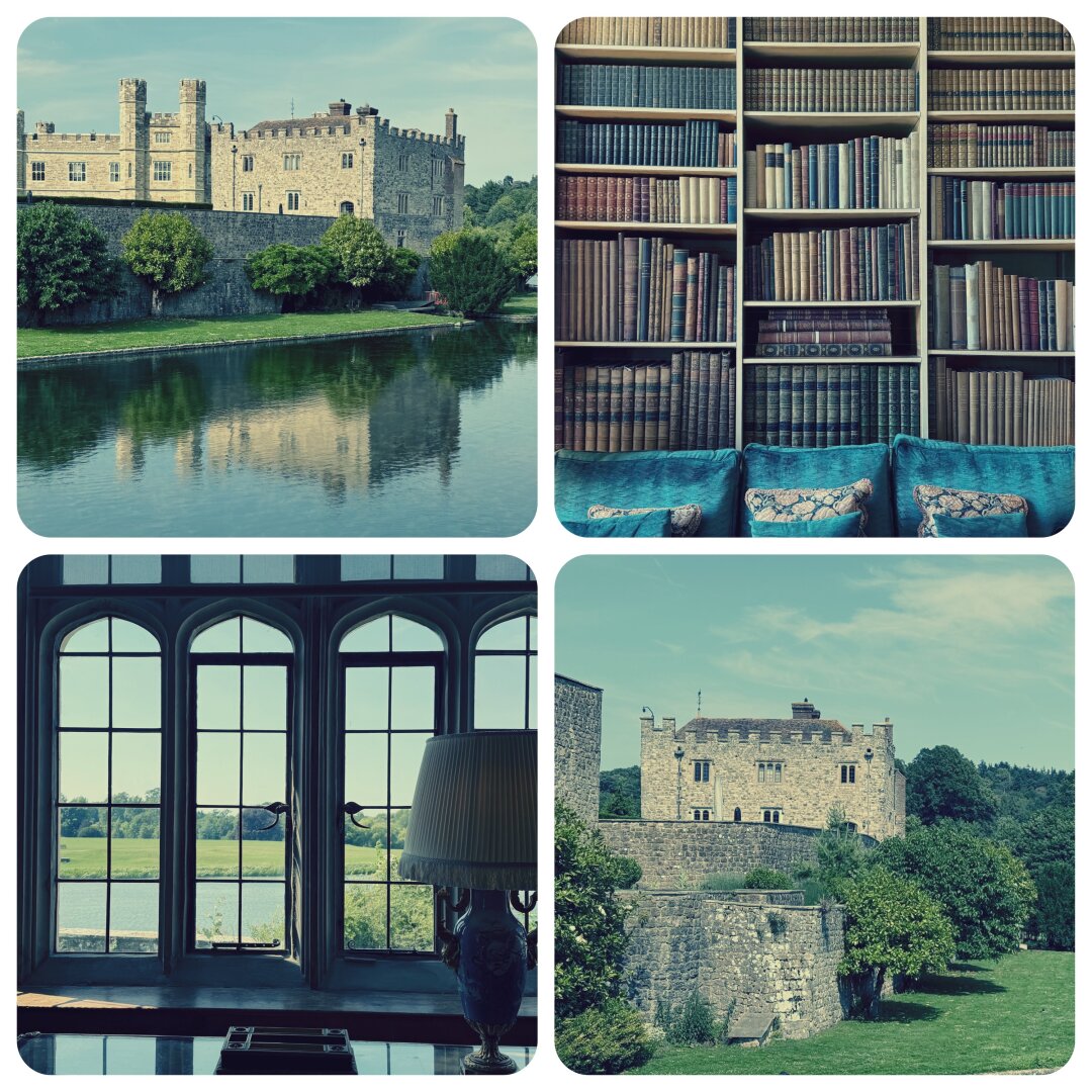 A collage featuring four images: 1. Leeds Castle beside a tranquil river reflecting its structure. 2. A bookshelf filled with various books and cozy cushions. 3. A view through a large window with arched panes, showing greenery and a body of water. A table lamp sits in front of the window 4. Another view of Leeds Castle showing the main building and castle walls