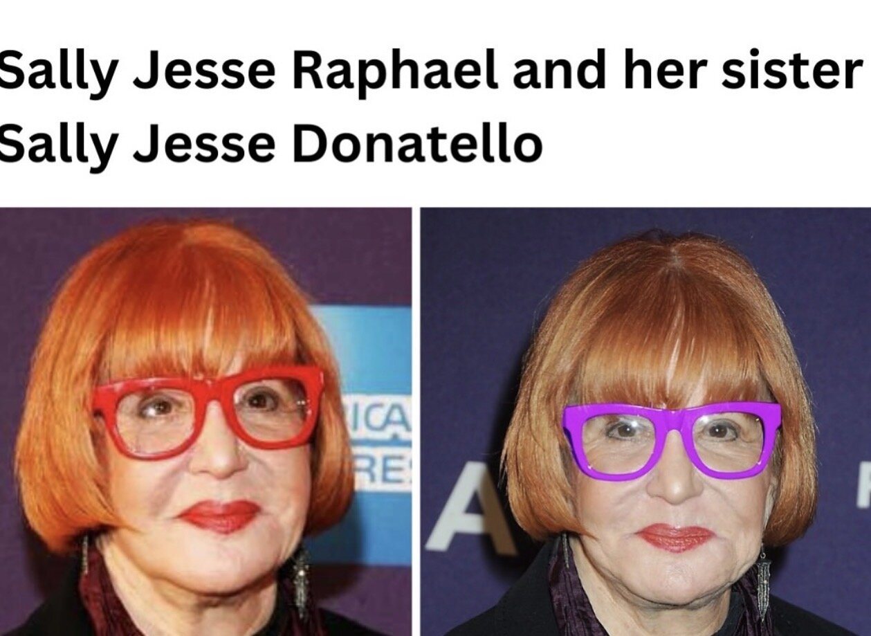 Meme that reads: Sally Jesse Raphael and her sister. Sally Jesse Donatello.  On left is Sally Jesse Raphael with red glasses. On the right is her with purple glasses.