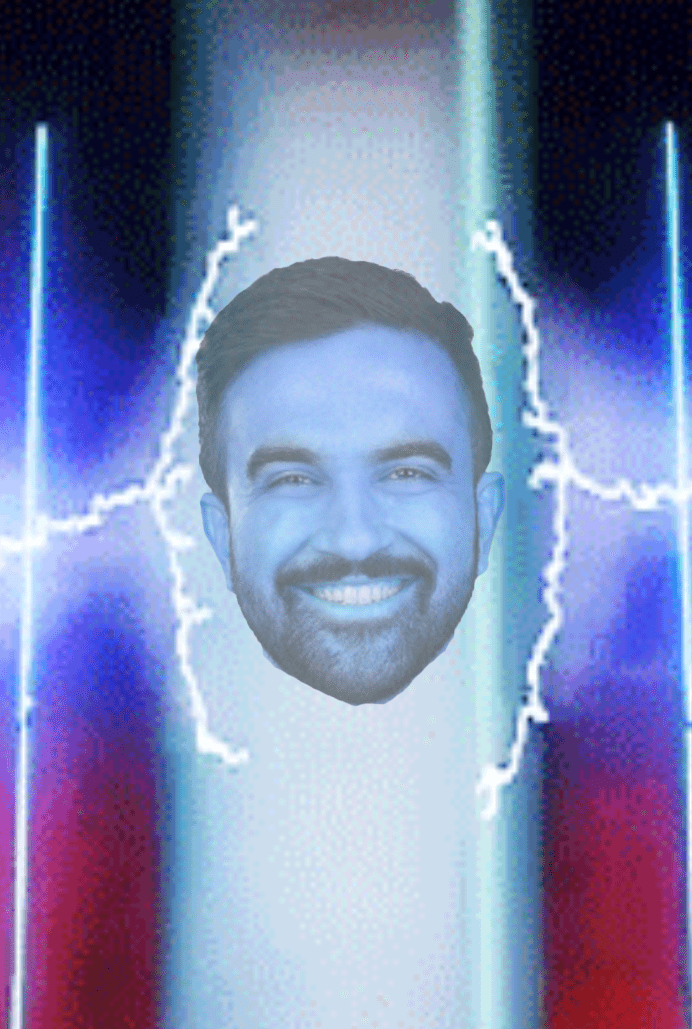 Zordonification of Zohran Mamdani—his head in Zordon’s tube as seen in MMPR. He is smiling.