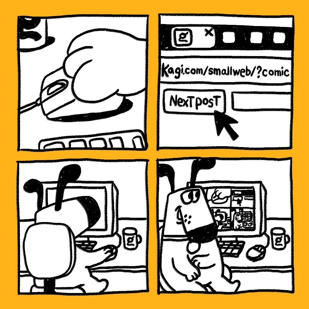 Illustration depicting the spirit of small web comics, showing a hand-drawn comic panel featuring Kagi's mascot Doggo clicking 