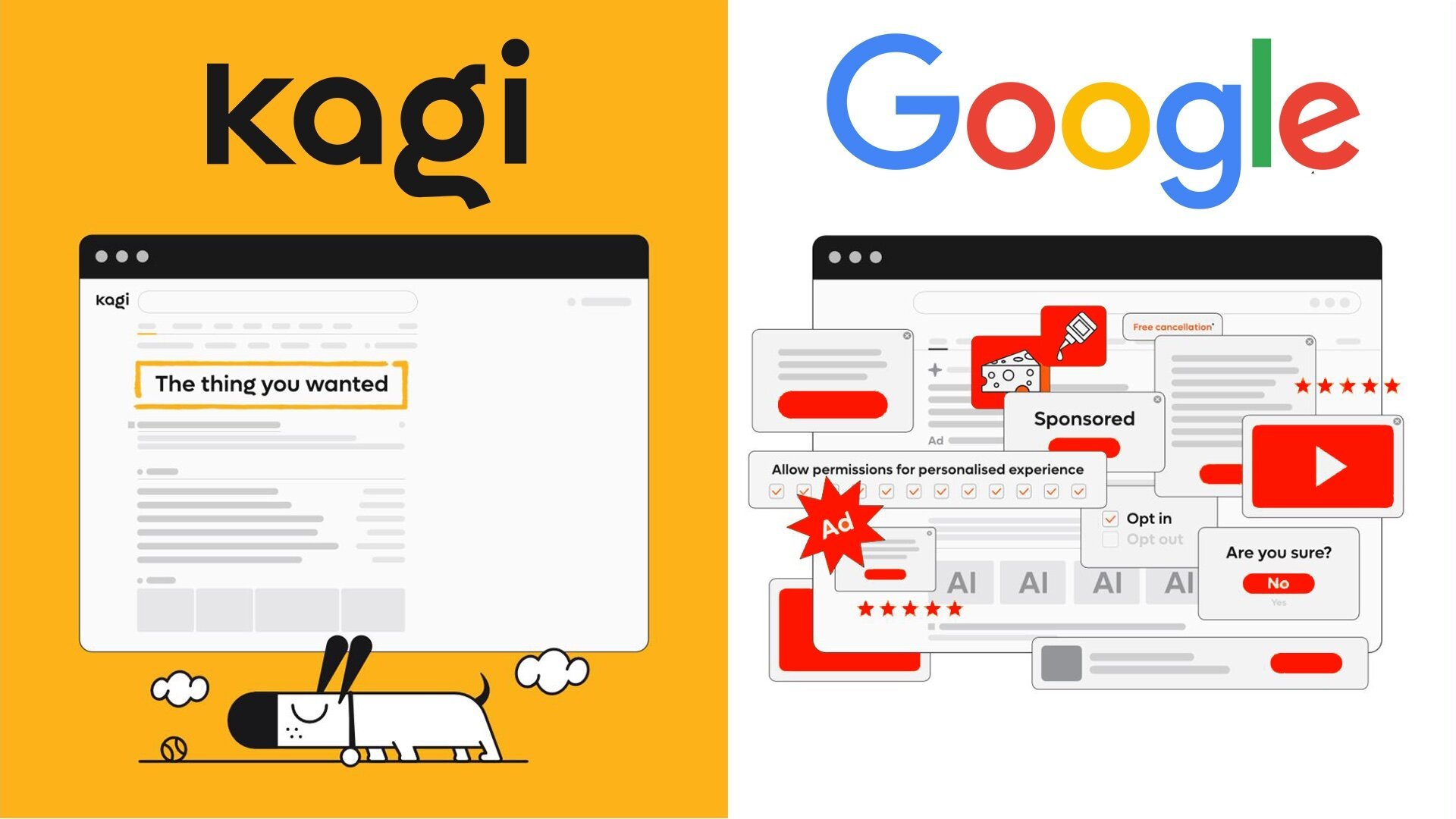 This image contrasts two search experiences: Kagi, which delivers clean, user-focused results (