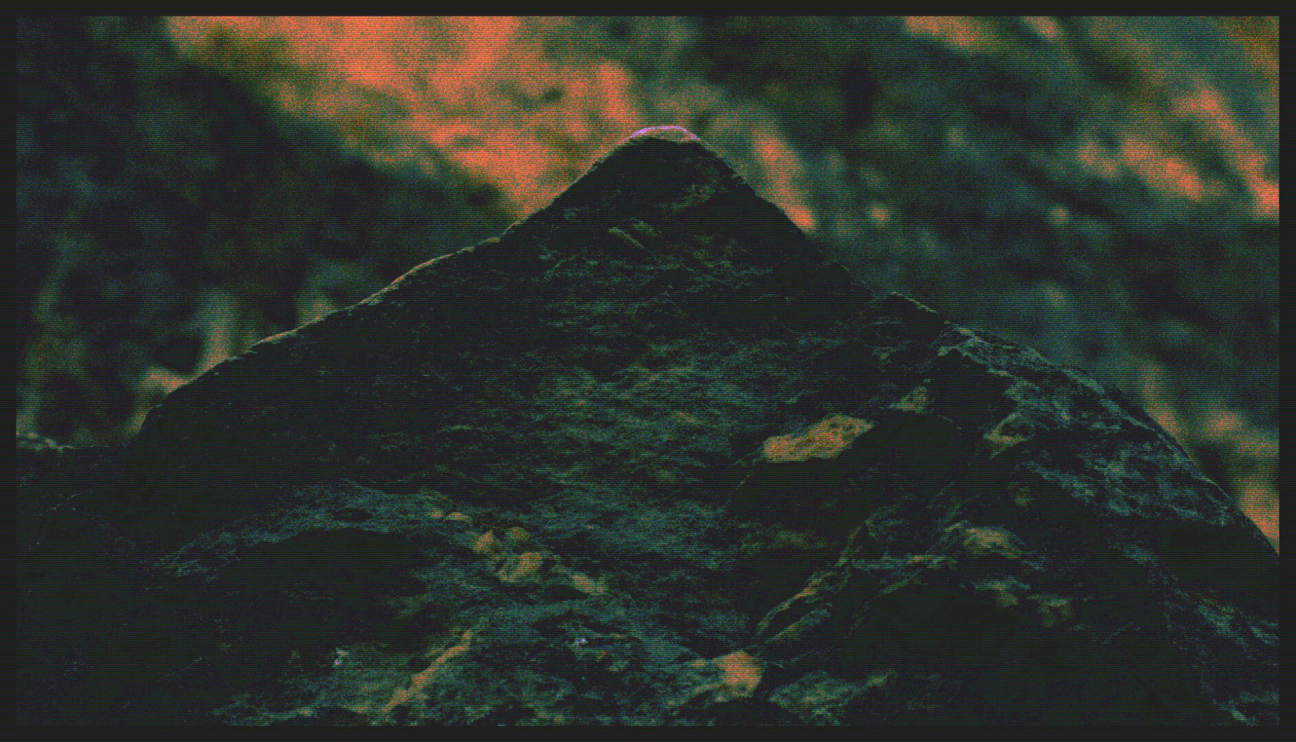 Same close-up photo of a triangular rock. Edited with TV-stripes and unrealistic colors