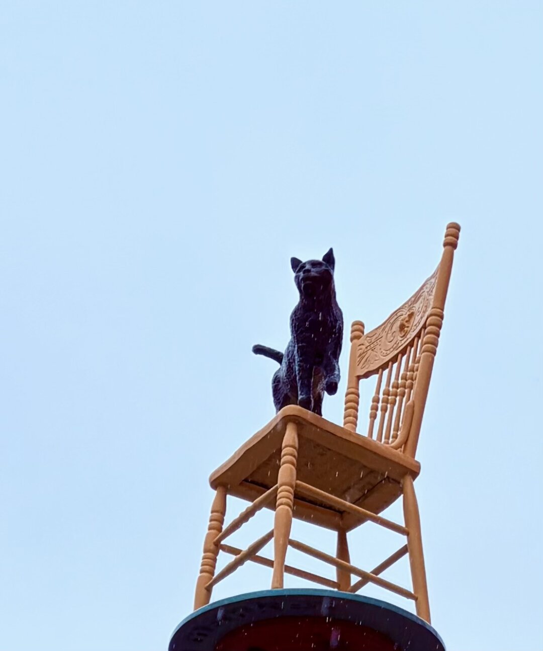 Orange kitchen chair on top of a pedestal. On the chair is a black cat sculpture. The cat was a resident of the neighbourhood, both named Kensington.