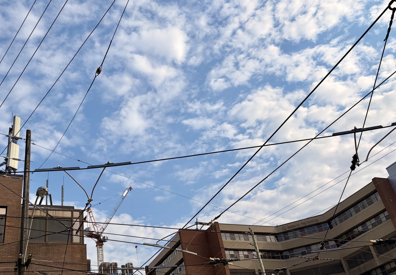 Upward angle shot, midrise brown brick urban buildings low in foreground. Cell towers, construction crane are visible. Streetcar trolley wires crisscross a blue sky with puffy clouds.