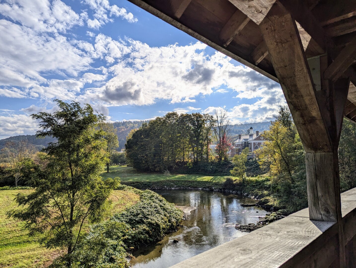 Photo of a canal lined by trees with a hint of color in their leaves.