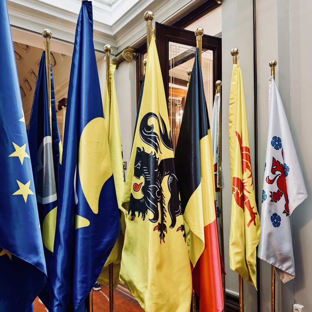 A group of colorful flags stands inside a grand building with tall ceilings and a glass roof. The flags are placed closely together on golden poles with shiny round tops. From left to right, you can see the dark blue flag with yellow stars of the European Union, followed by blue and yellow regional flags. In the center is a yellow flag with a black lion and red claws, representing Flanders. Next to it is the national flag of Belgium with black, yellow, and red vertical stripes. Another yellow flag with a red rooster stands nearby, symbolizing Wallonia. On the far right is a white flag with a red lion and blue shapes, likely representing the German-speaking community in Belgium. Behind the flags is a wooden doorway and mirrored walls, reflecting warm lights and elegant details. The scene looks formal and official, showing respect for different regions and communities.