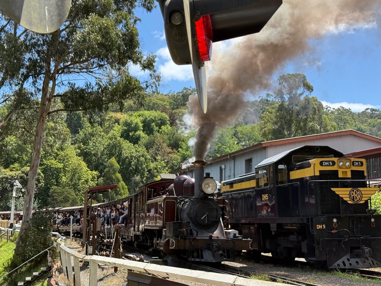 A steam locomotive, the puffing billy, is passing a black and yellow diesel train that’s is in a siding. Puffing Billy is billowing thick grey-brown smoke out of its chimney. You can also see passengers with their legs dangling out of the side of the carriages as has been customary since the railways inception.
