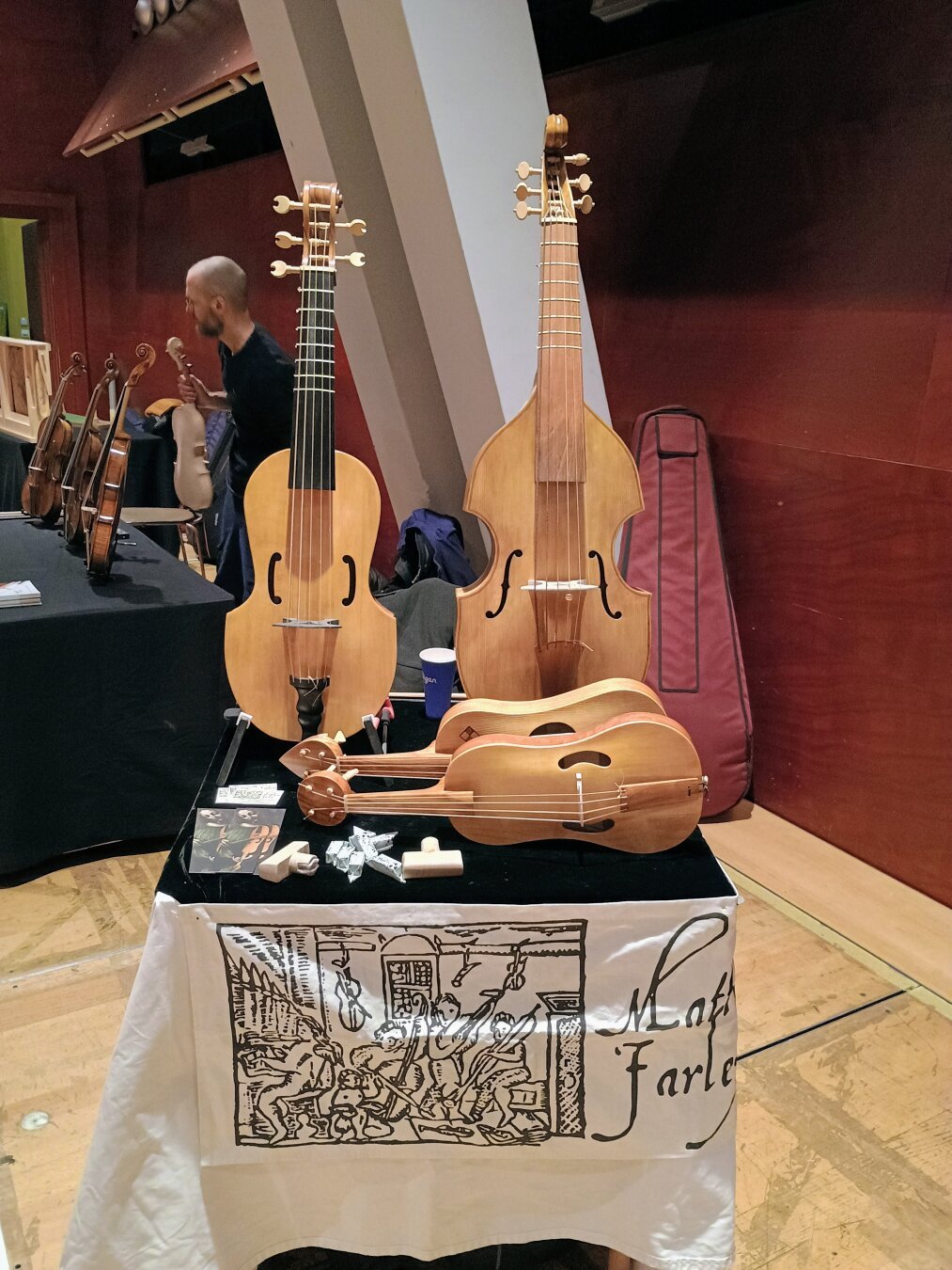 My display table containing two Renaissance tenor viols and two Medieval fiddles. Resonanzen Festival, Vienna, 2025.