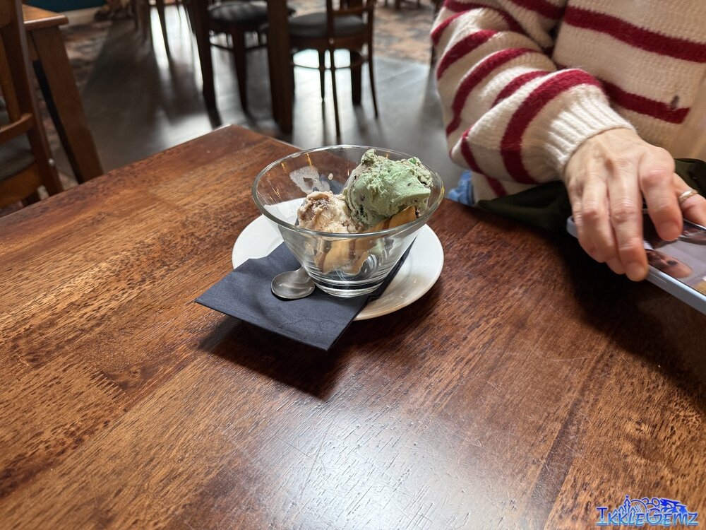 Mint choc chip and caramel chip cup ice cream.