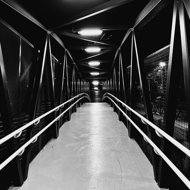 Pasarela peatonal en blanco y negro, vista desde dentro: estructura metálica de tirantes triangulares a ambos lados, suelo de hormigón liso, una hilera de luminarias en el techo. Solo el pasamanos blanco se permite curvarse en mitad de tanta geometría. Al fondo, punto de fuga sin destino visible. El umbral más honesto es el que no promete nada al otro lado.