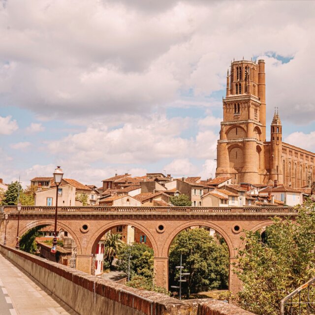 Una catedral de ladrillo rojo, enorme, casi una fortaleza, contra un cielo de nubes a granel. A sus pies, un pueblo de tejados claros y, en primer término, un puente de arcos perforados de ojos circulares atravesando un foso de árboles. La piedra que defiende y la piedra que reza acaban siendo el mismo color. Cuando rezar es defenderse, los muros se vuelven indistinguibles.