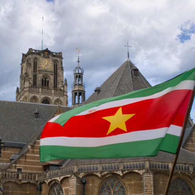 Una bandera ondeando ocupa la mitad derecha del cuadro: franjas verdes y rojas con una estrella amarilla en el centro. Detrás, una iglesia gótica de ladrillo levanta dos torres y una cubierta a dos aguas contra un cielo de nubes pesadas. La tela tapa parte del templo sin pedirle permiso.