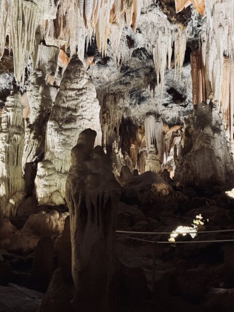 Bosque mineral de estalactitas y estalagmitas en una sala subterránea, una columna en formación que aún no termina de unir techo y suelo. Al fondo, una cuerda fina marca el paso permitido. Bajo tierra el tiempo se cuenta en gotas, no en horas.
