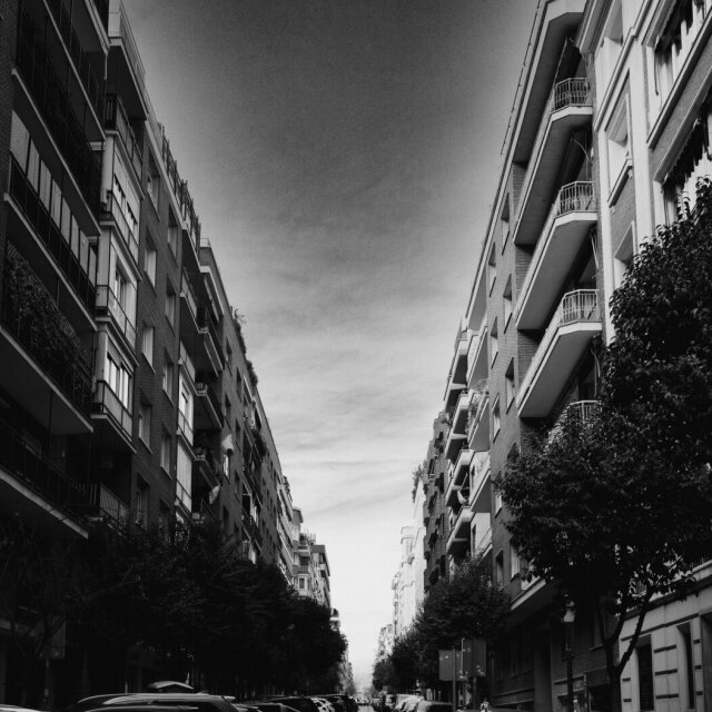 Una calle residencial larga, vista en perspectiva forzada hacia el horizonte: balcones de hierro forjado se alinean a ambos lados sobre las fachadas regulares de la manzana. En medio del asfalto, una figura solitaria pedalea hacia el fondo donde la calle se cierra en bruma. La calle es la grilla y la persona, el accidente.