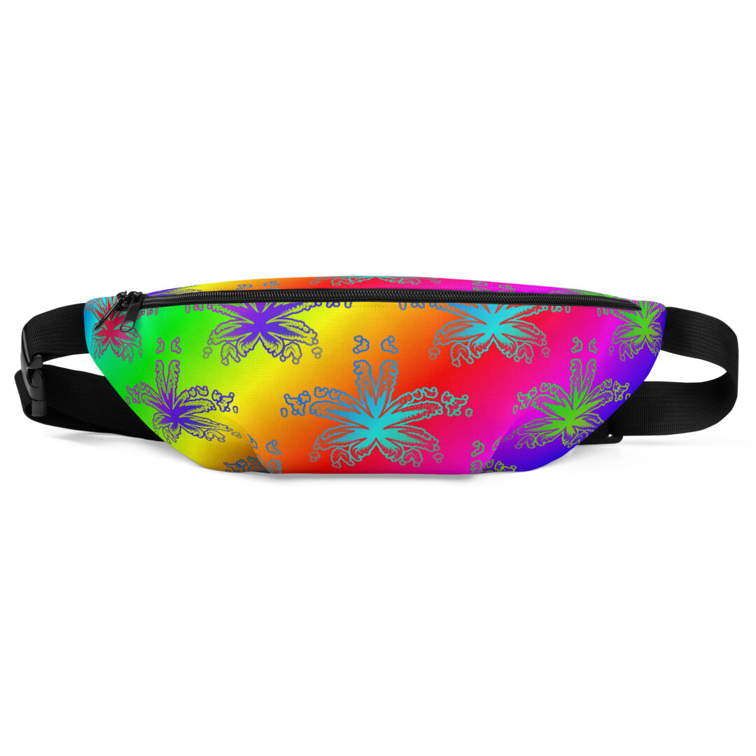 A fanny pack with weird rainbow weed leaf art.