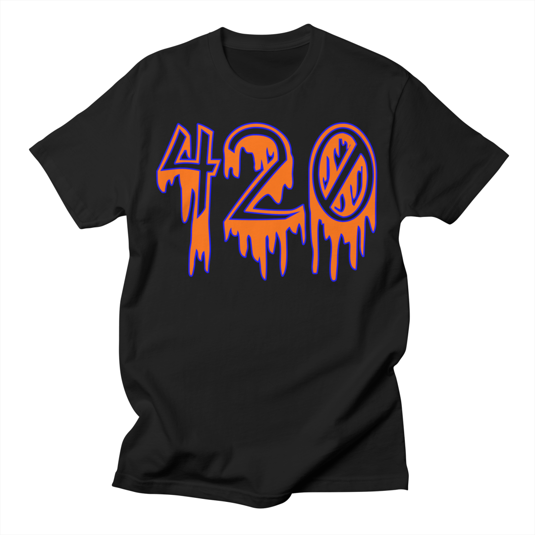 A black t-shirt with the number 420 in a creepy, dripping font in orange with a blue outline.