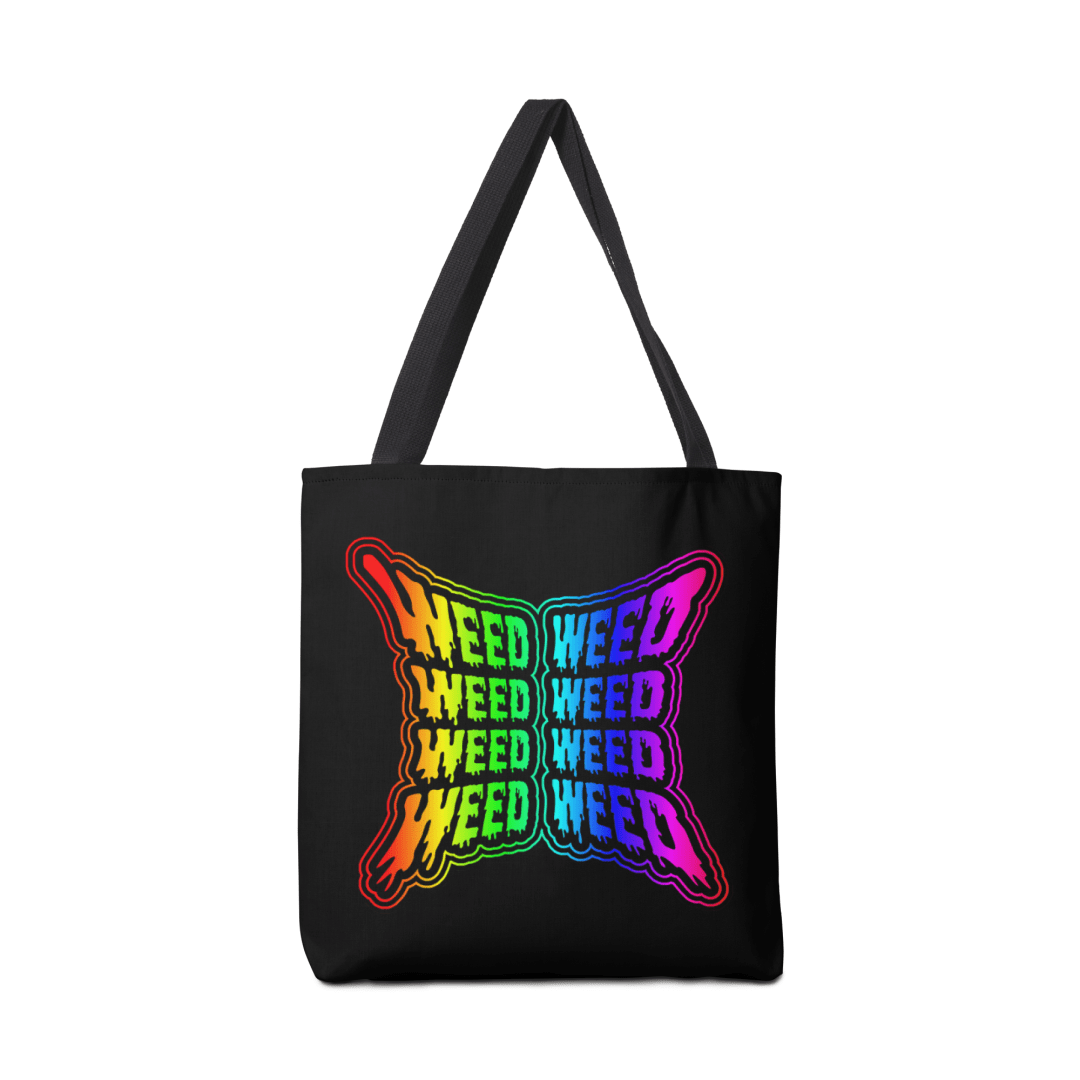 A black tote bag with a butterfly shaped design created from the word "WEED" in a creepy dripping font with a rainbow gradient.