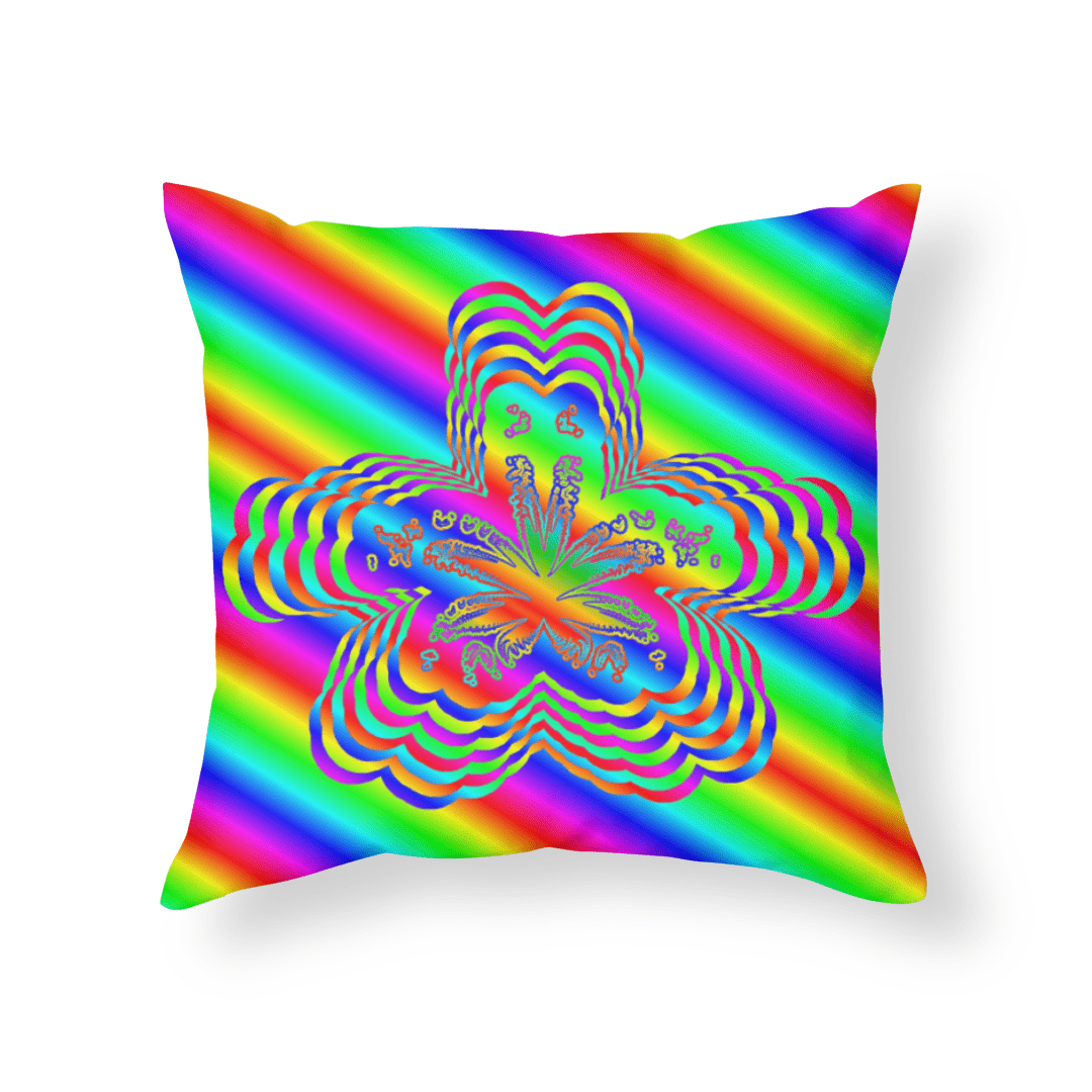 A throw pillow with rainbow psychedelic cannabis leaf art in a flower shape with diagonal rainbow stripes in the background.