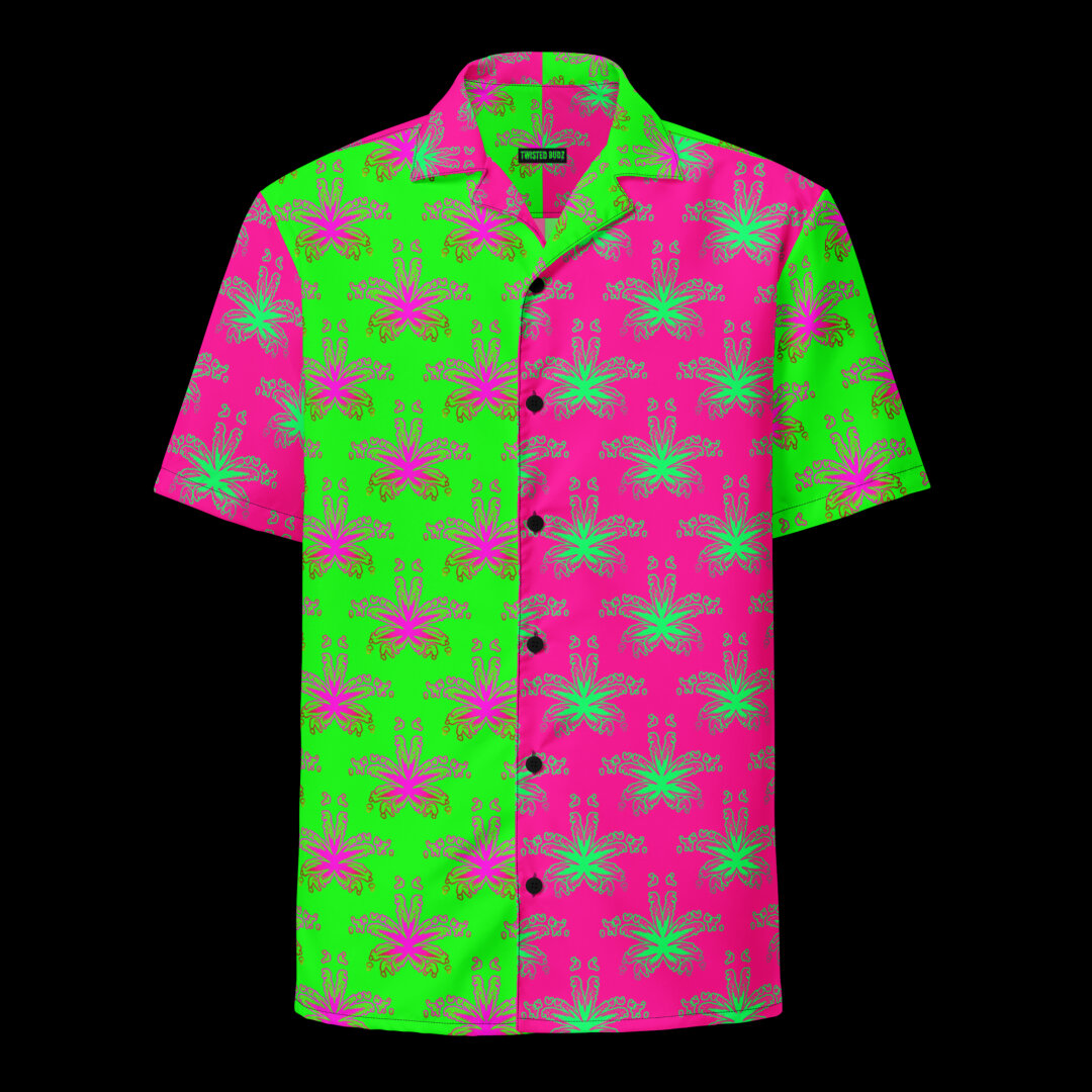 The front of a button down shirt with weird weed leaf art that I created. Half of the design has a hot pink background with mint green cannabis leaves in a repeating pattern. The other half of the design has a neon green background with hot pink pot leaves in a repeating pattern.