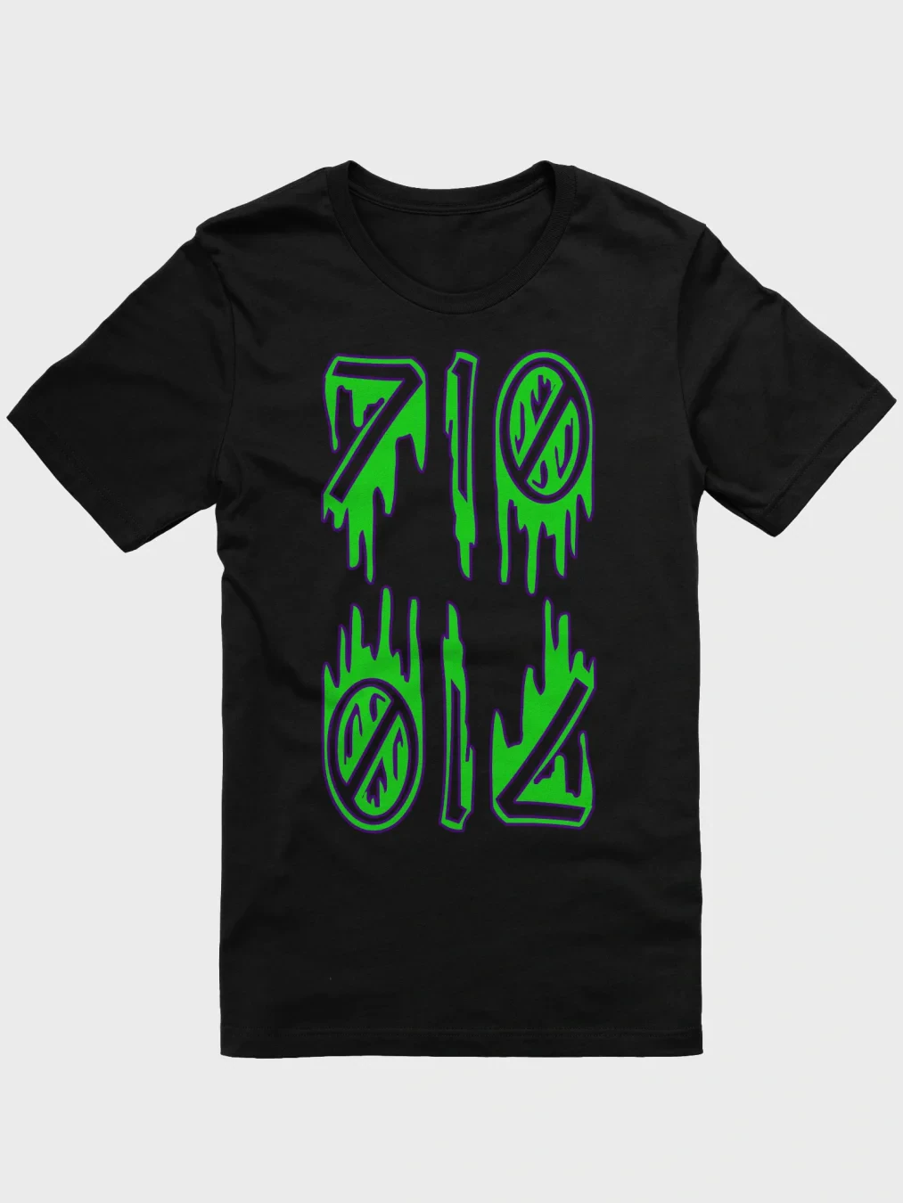 The front of a black t-shirt with a creepy 710 OIL drip design. The numbers are bright green and outlined in purple.