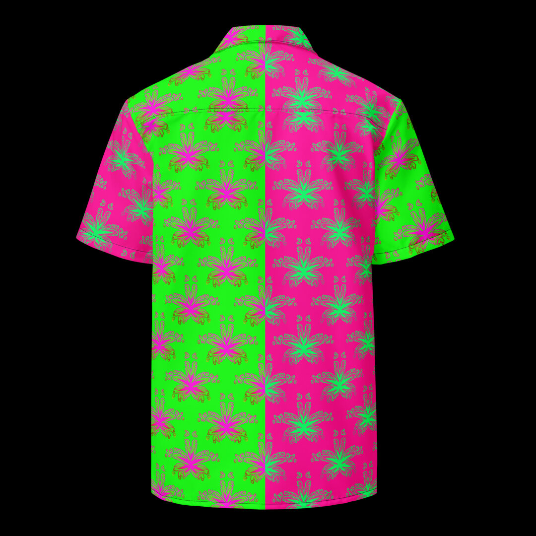 The back of a button down shirt with weird weed leaf art that I created. Half of the design has a hot pink background with mint green cannabis leaves in a repeating pattern. The other half of the design has a neon green background with hot pink pot leaves in a repeating pattern.