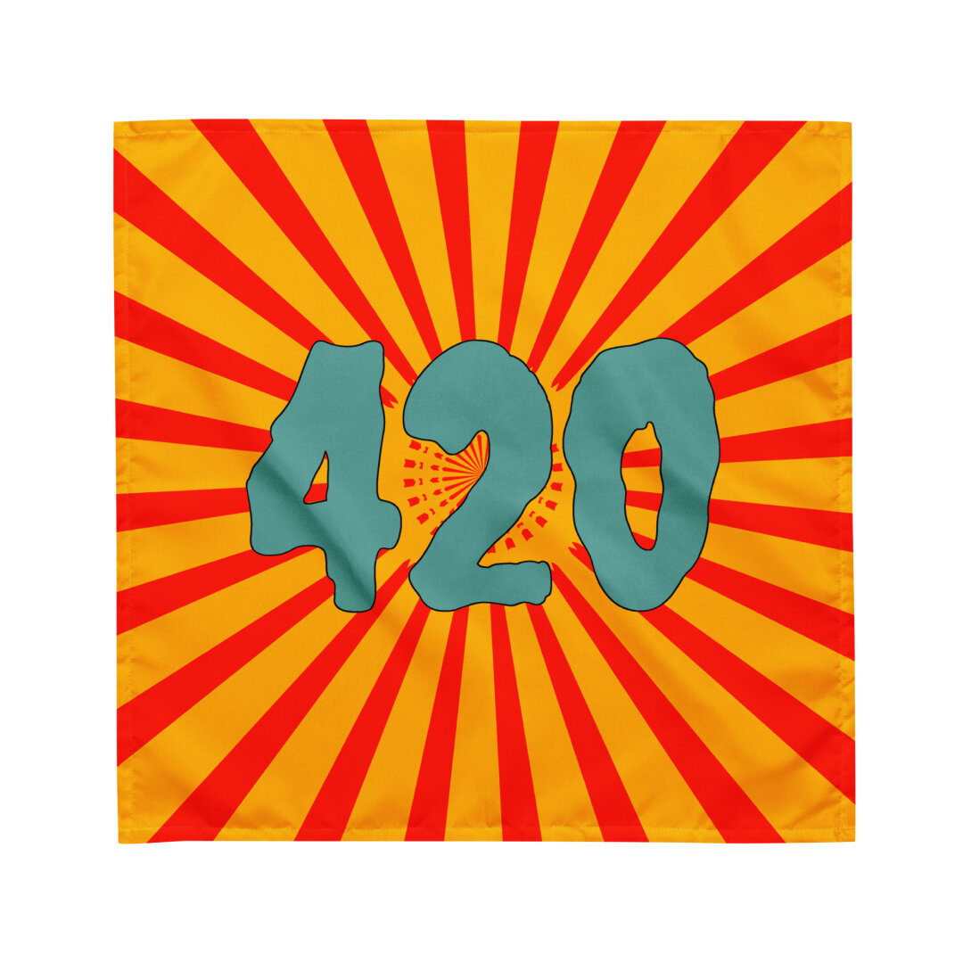 A square shaped bandana with red and gold color circus stripes. It has the number 420 in the center in a creepy style. The numbers are light blue with a black outline.