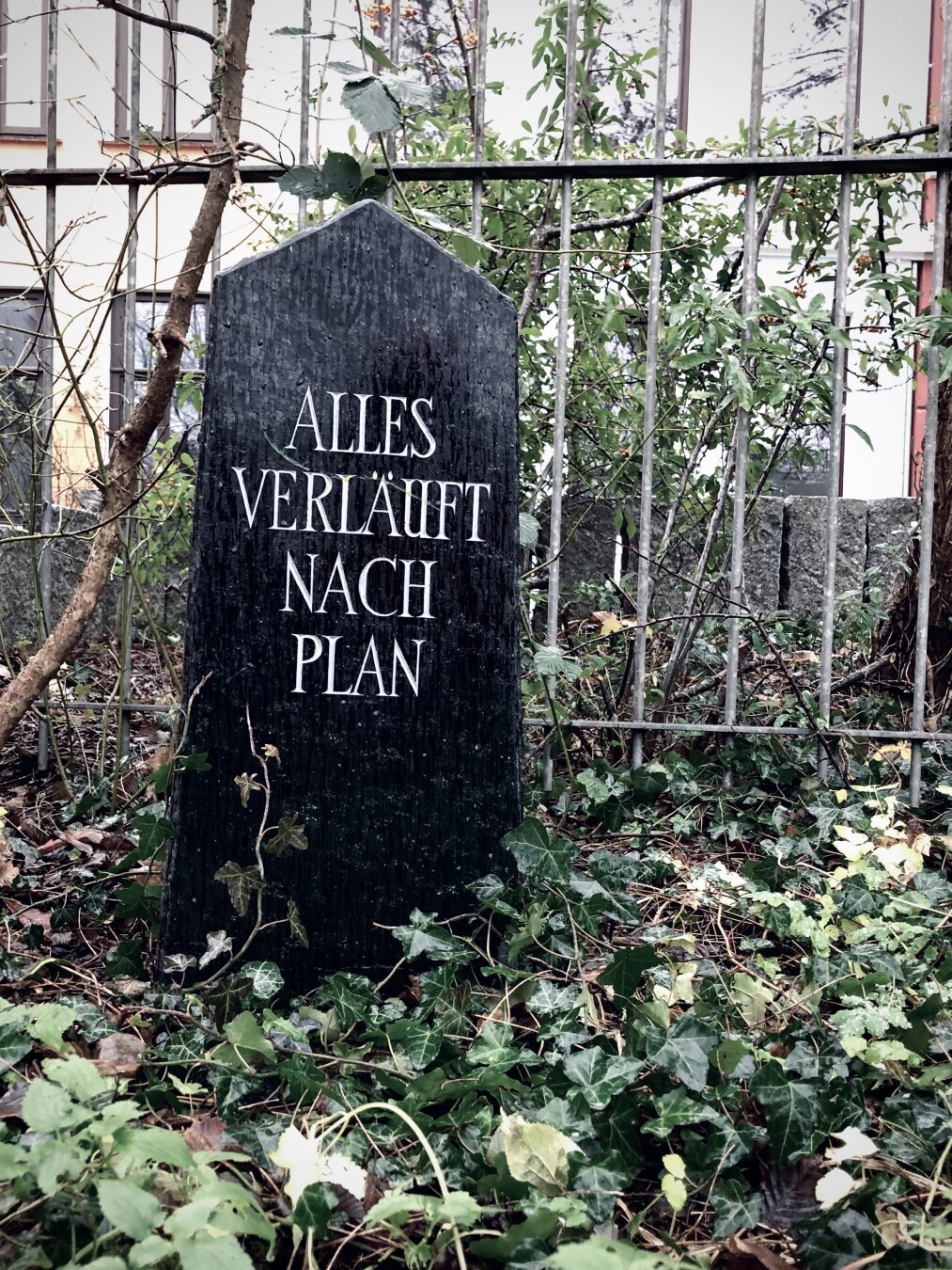 Ein aufgestellter Grabstein. Schwarz mit weißer eingemeißelter Schrift mit dem Text „Alles verläuft nach Plan“ in Großbuchstaben. Er steht nicht auf einem Friedhof sondern zwischen Gestrüpp und Efeu vor einem Metallzaun. Im Hintergrund Teile von Bremer Häusern.