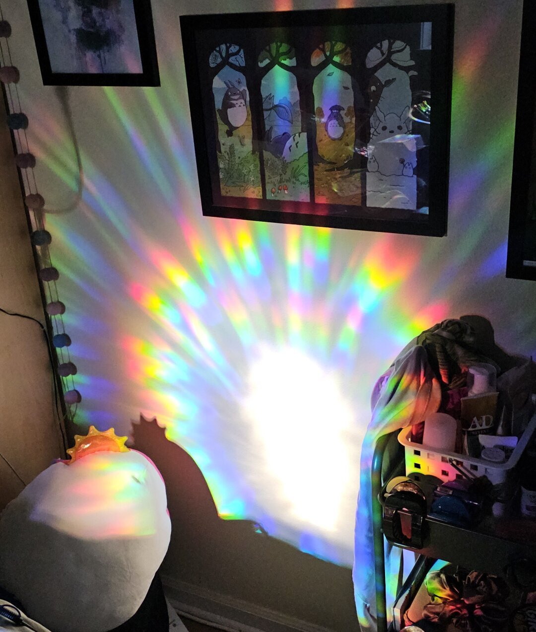 Rainbow light in a sunburst shape almost 4 feet across, from sunlight shining through a hanging crystal in my bedroom window.