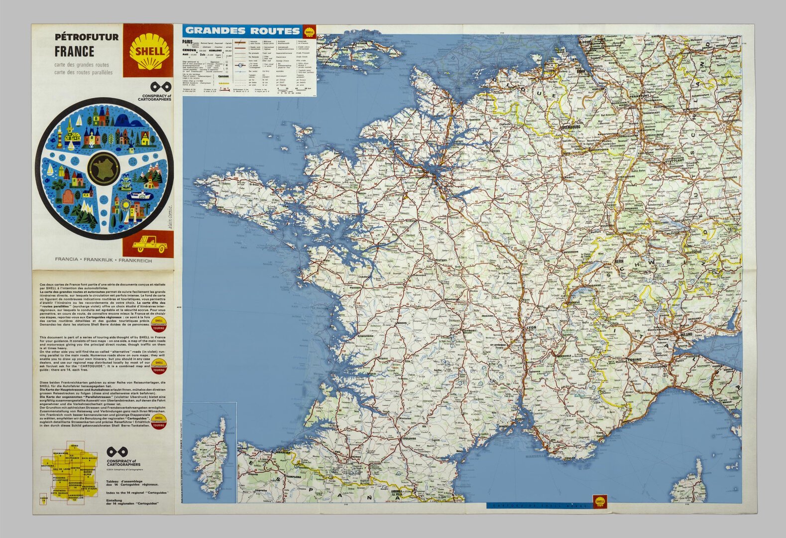 Petrofuture France--66m sea level rise on a vintage Shell Oil gas station road map