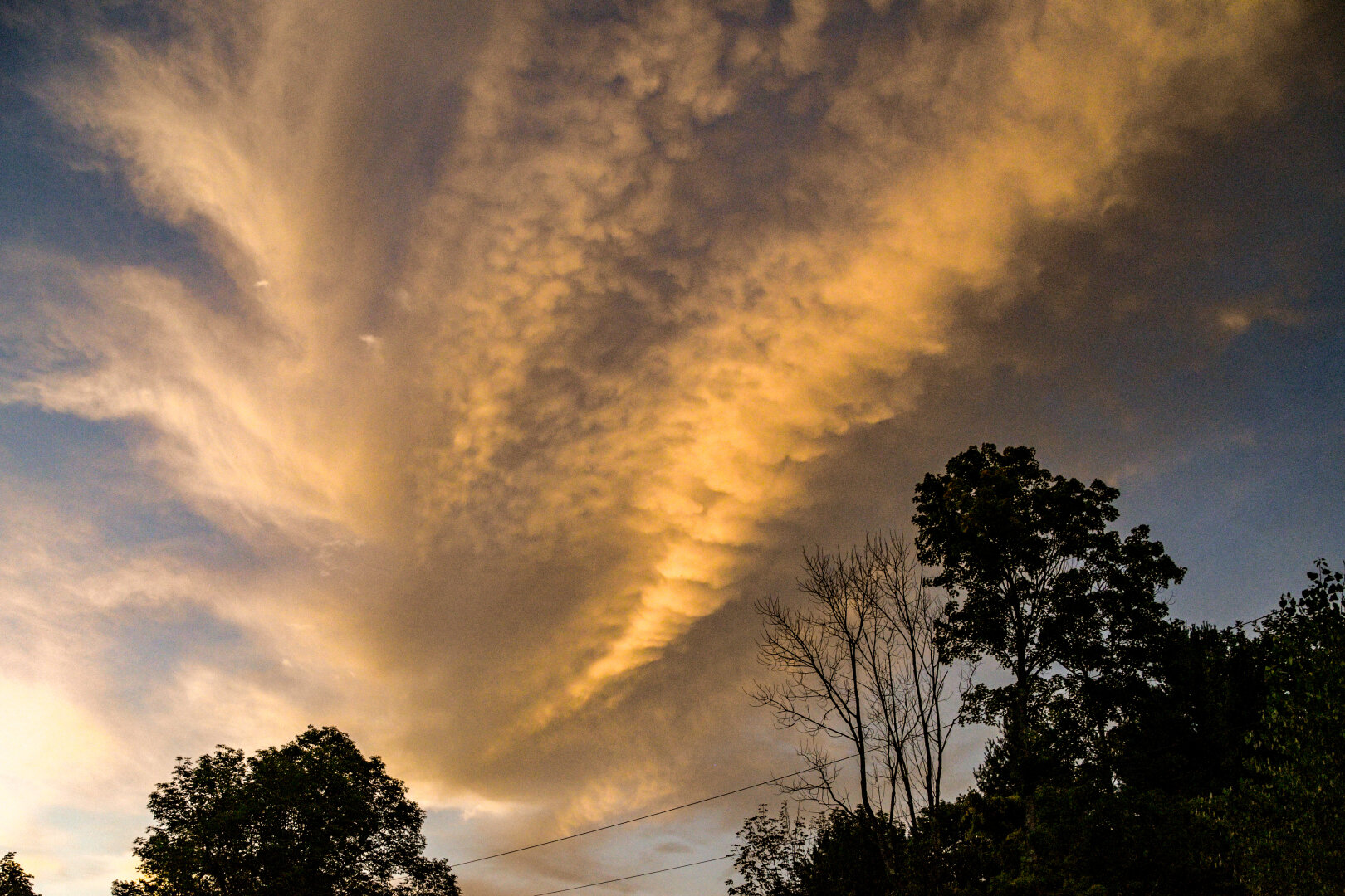 A dramatic sky with orange lit hitting dispersing clouds, silhouetted by trees