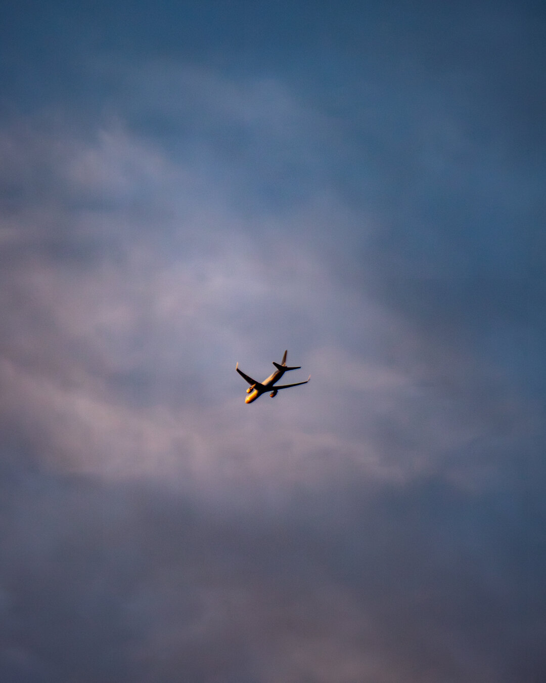 A plane in the sky with wispy purplish clouds
