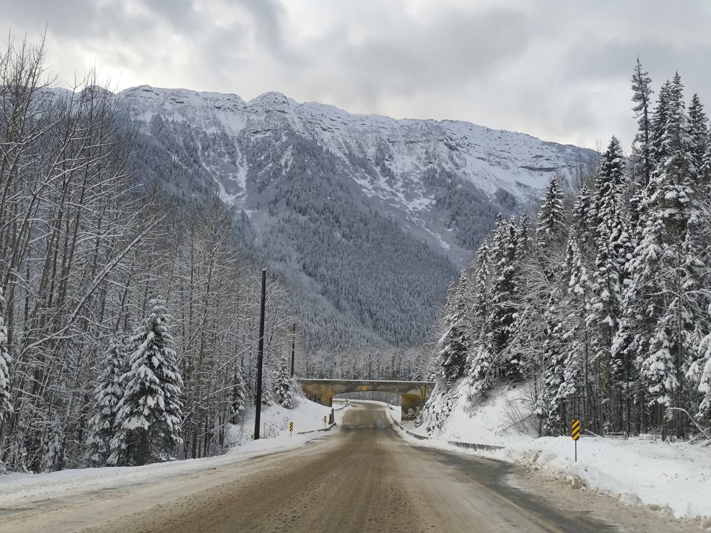 Showing a snow covers road brown with sand, on either side there are snow covered pines and in the distance there is a large mountain ridge covered with snow and pines. The sky is cloudy.