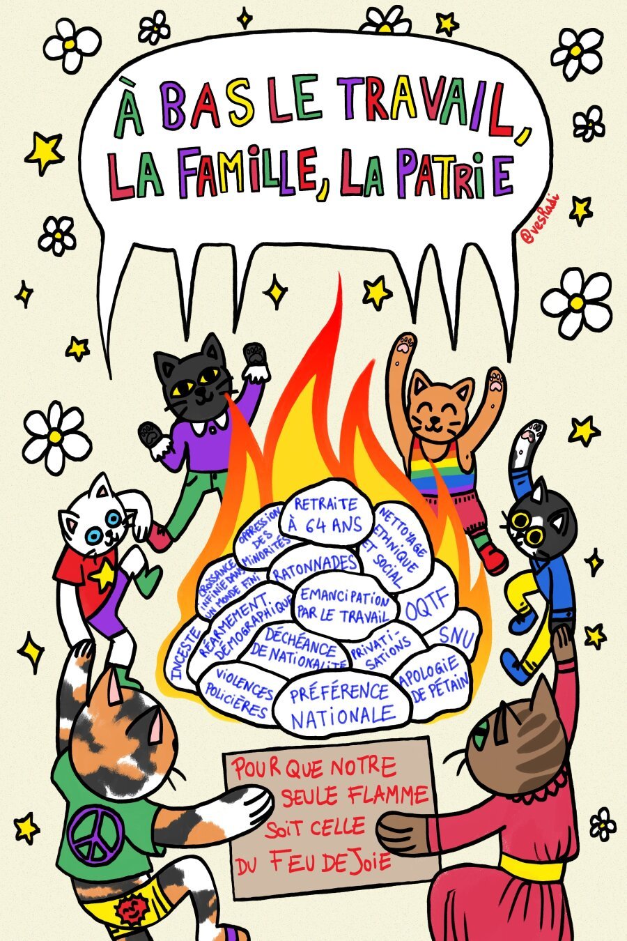 Dessin de 6 chats de toutes les couleurs en train de danser autour d'un feu. Ils disent en chœur : 