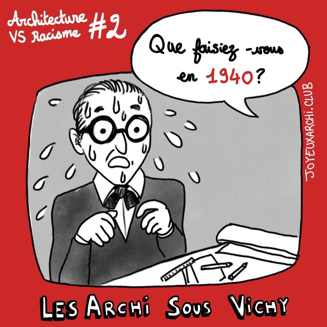 Dessin représentant l'architecte Le Corbusier dans un écran TV, en noir et blanc, avec un fond rouge. Une bulle de dialogue, émanant d'une personne hors champ, dit : 