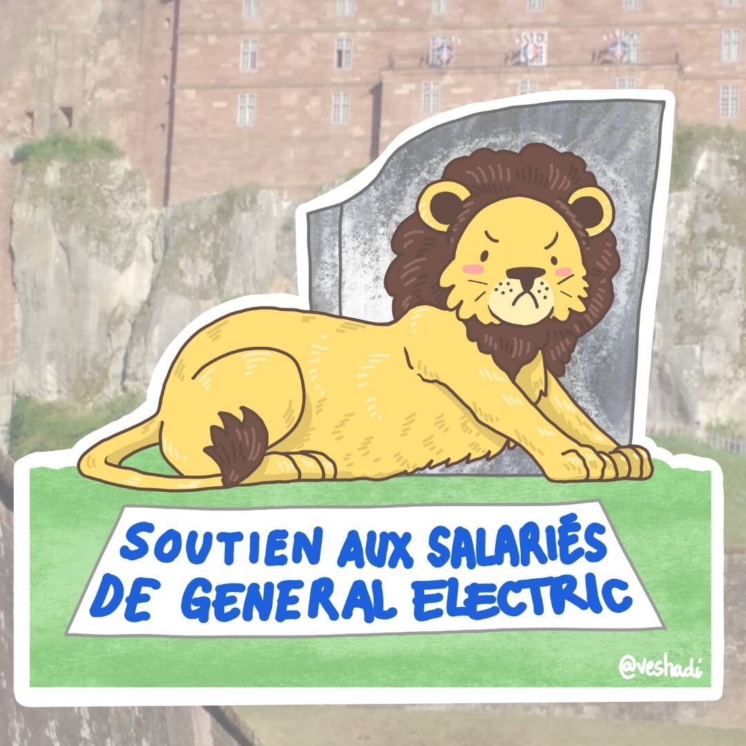 Dessin du lion de Belfort stylisé mignon, qui fronce les sourcils, avec à ses pieds une banderole où il est écrit 