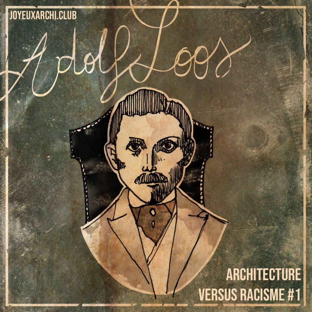 Dessin de l'architecte Adolf Loos : moustachu, raie sur le côté, joues creuses, costume du XIXème siècle. Il y a écrit 