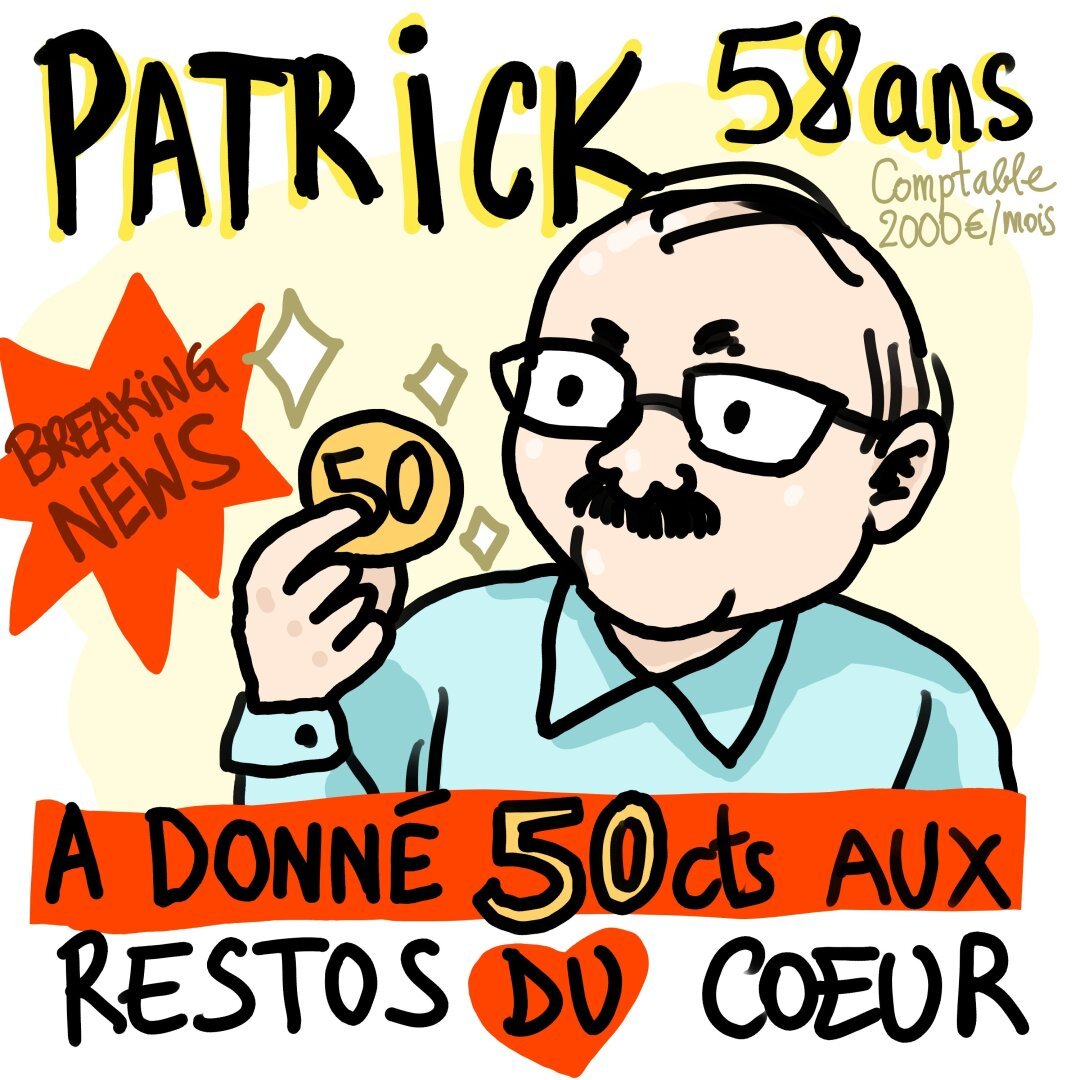 Un dessin d'un homme blanc chauve à lunettes et moustache brune, qui tient dans sa main une pièce de 50 centimes, avec écrit 