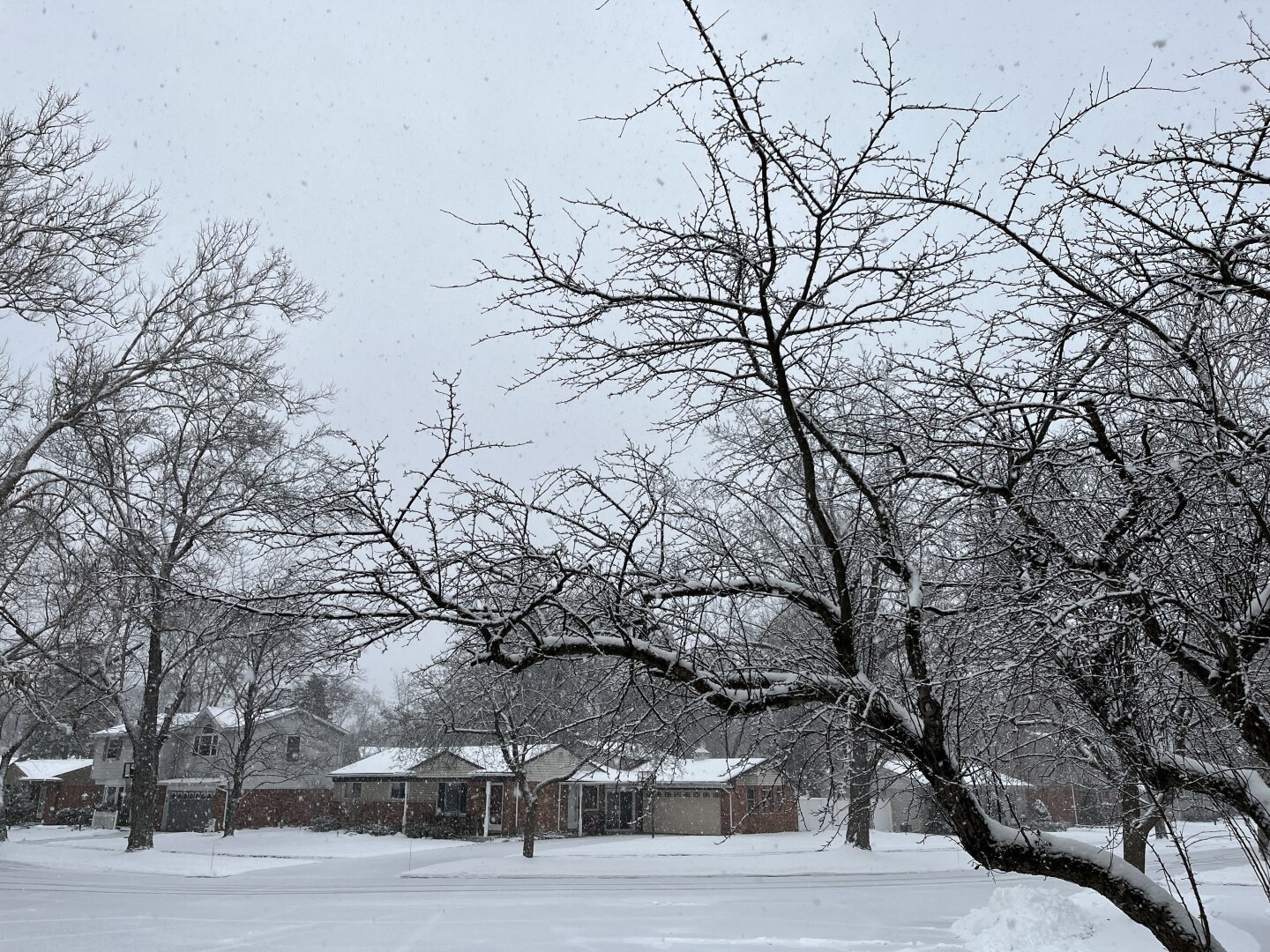 A picture of a suburb and it’s snowing