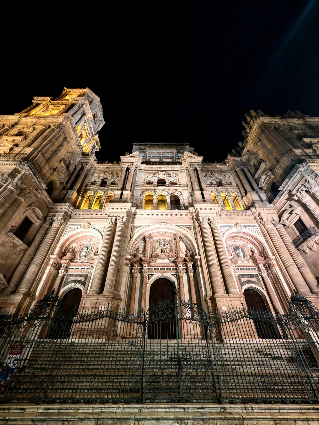 Malaga's Cathedral by night.