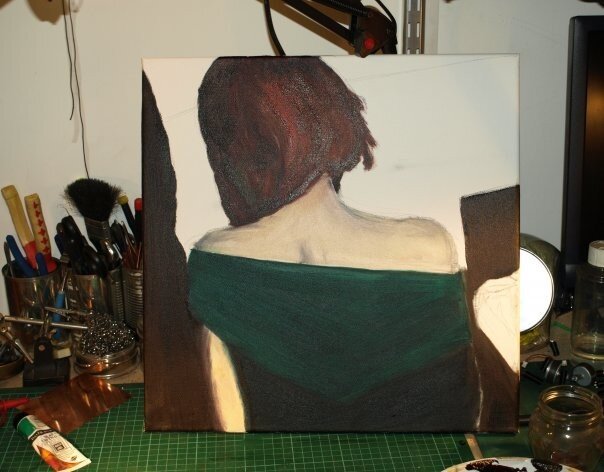 Oil sketch of a woman with red hair in a green dress. She is facing away from the cancers.