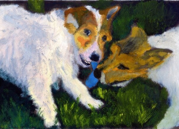 Oil painting of two jack Russell fighting over a toy