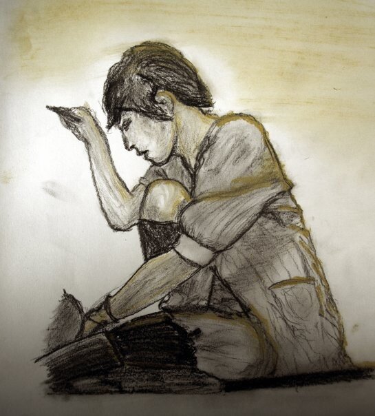 Graphite sketch of a woman in long bits sitting on a table sewing.