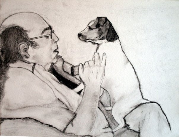 Pencil sketch of man with dog on his lap. The dog is looking into his face.